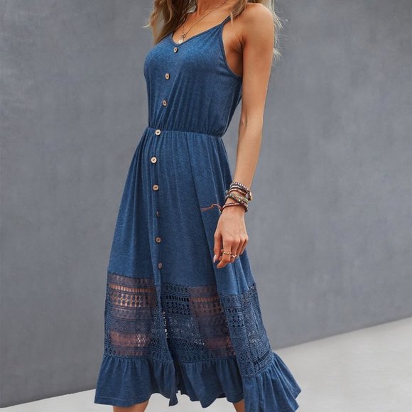 Blue Lace Buttons detail Ruffle Hem Cami Dress - Picture 2 of 5